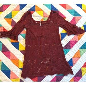 Free People Burgundy Lace Bell Sleeve Mini Dress